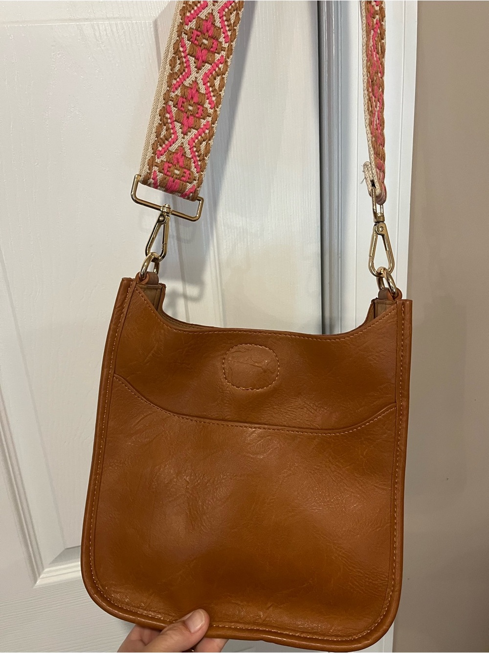 Ahdorned Brown Crossbody Bag with Pink Woven Accent Strap